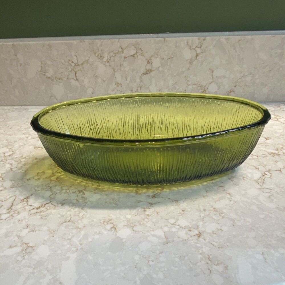 Vintage FTD Green Glass Bowl Textured Oval Impressed 10" Diameter 2.5" Height